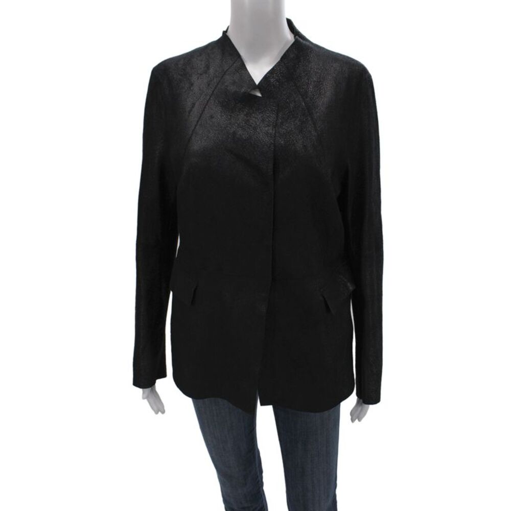 Gimos Womens Black Leather Basic Jacket Button Long Sleeve Size XL